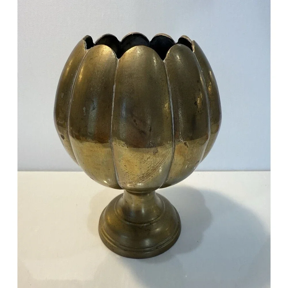 Vintage Brass Lotus Flower Pedestal Vase Scalloped Planter Urn India 7